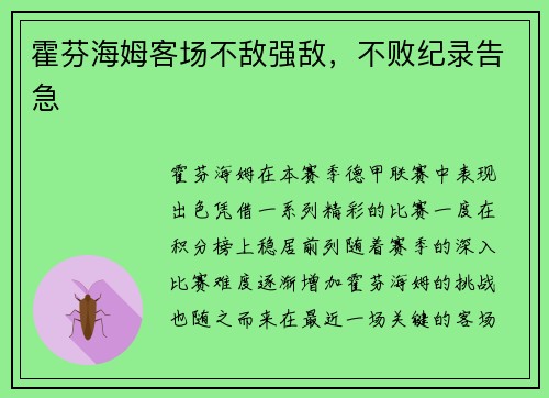 霍芬海姆客场不敌强敌，不败纪录告急